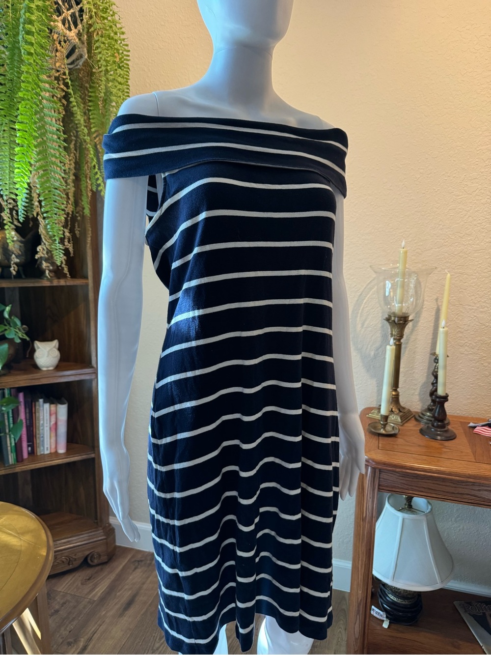 Y2K nautical Ralph Lauren Navy and White off the -Shoulder Striped Dress